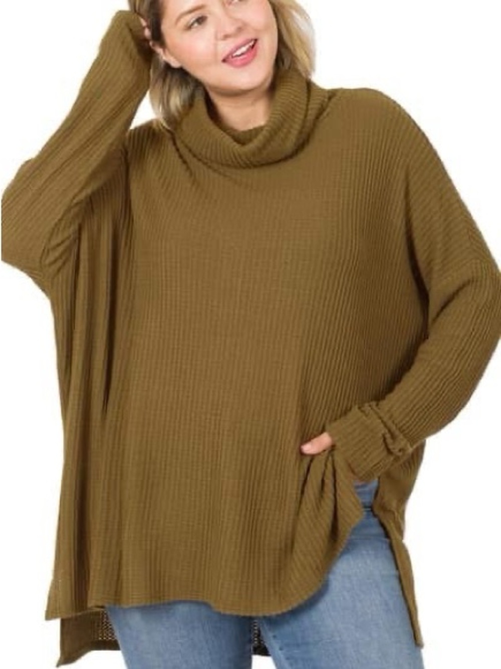 Zenana Outfitters Olive Ribbed Cowl Neck Poncho Sweater